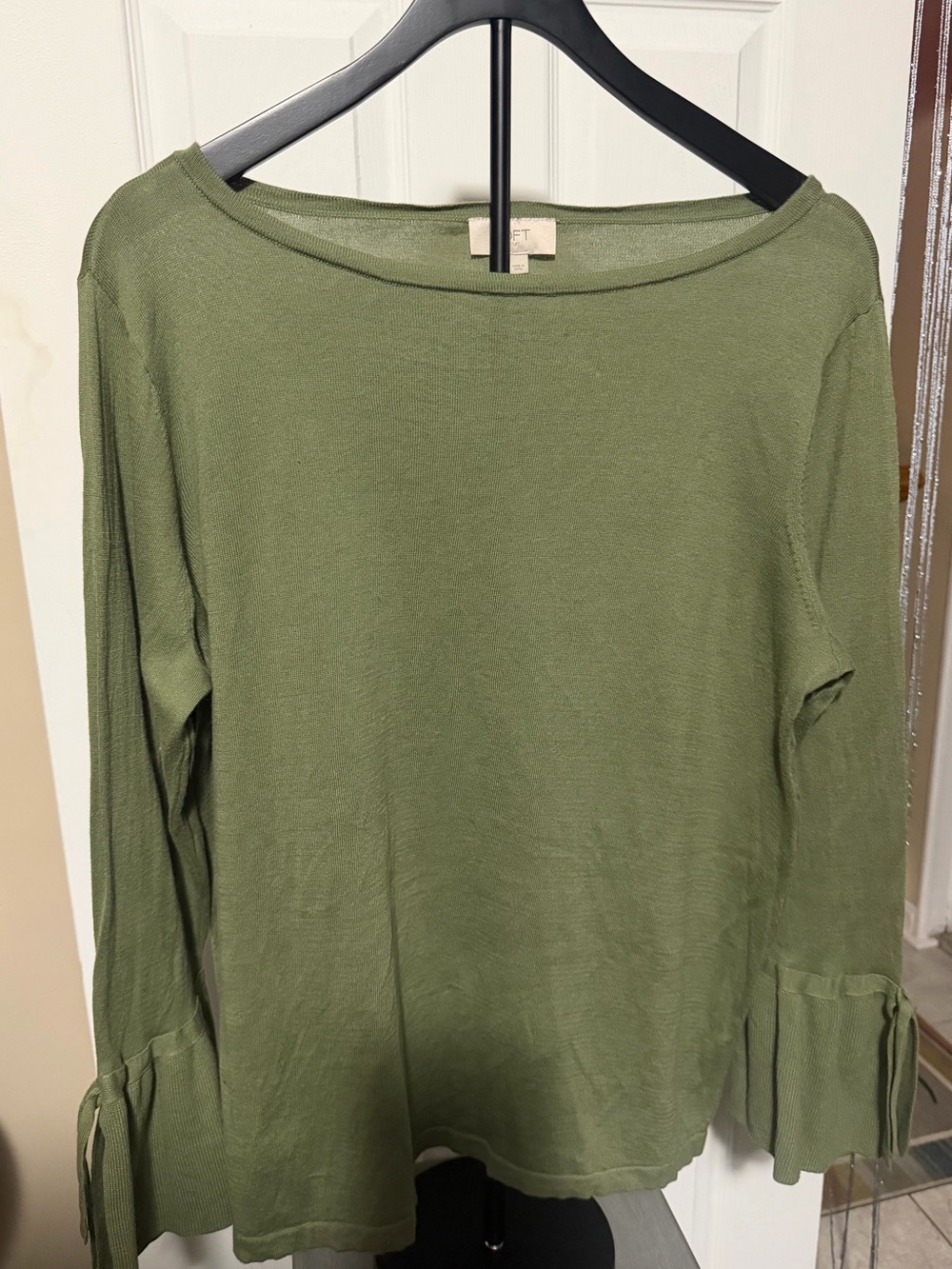 LOFT Olive Green Long Sleeve Knit Top with Tie Bell Cuffs